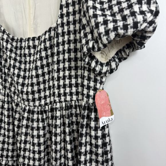 New Arula 1X Black White Gingham Plaid Babydoll Mini Dress Puff Sleeve Preppy - Picture 5 of 13